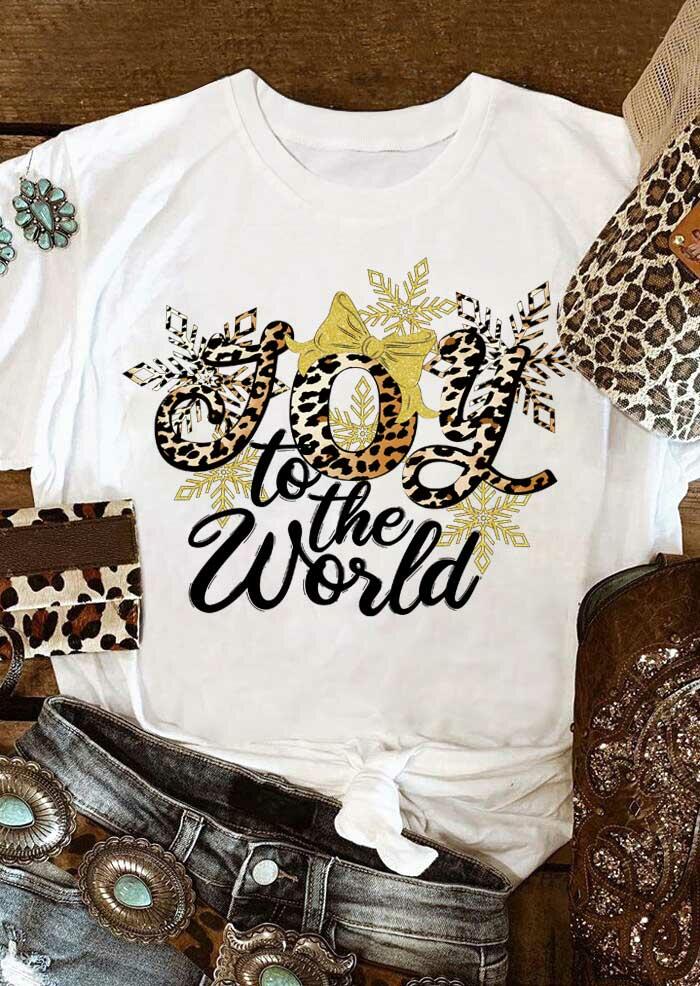 

Joy to the world Leopard Snowflake T-Shirt Tee - White, 489636