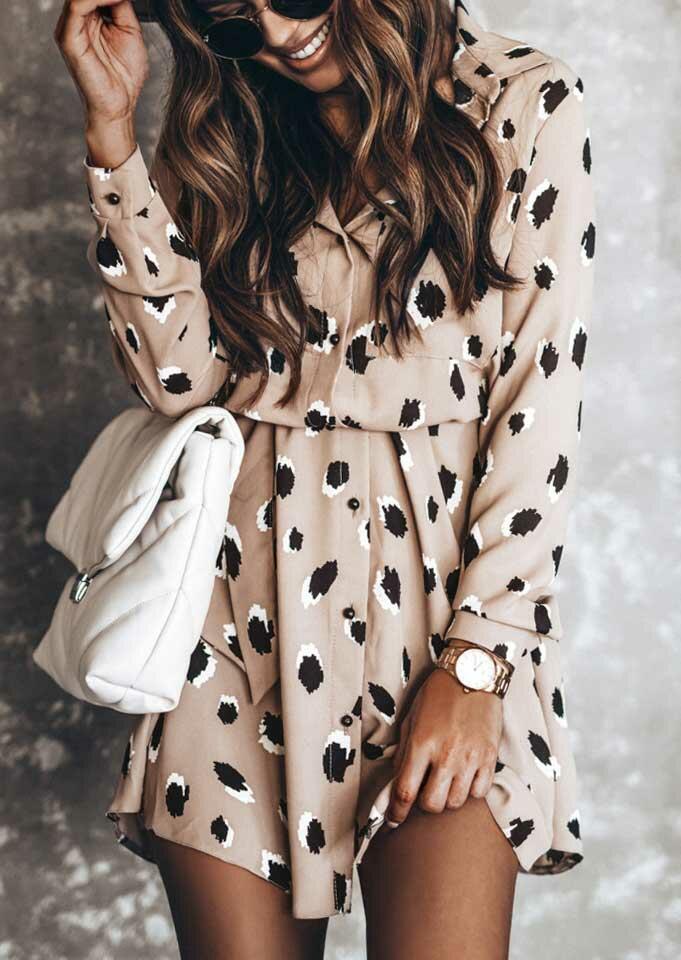 

Leopard Button Long Sleeve Turn-Down Collar Mini Dress - Apricot, 489638