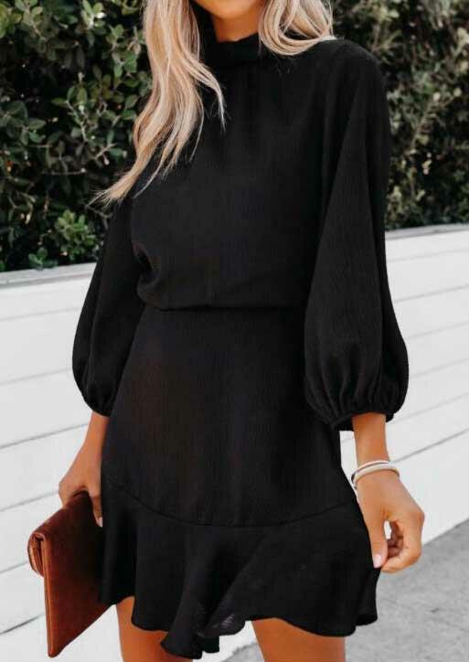 

Ruffled Elastic Cuff Tie O-Neck Mini Dress - Black, 489651
