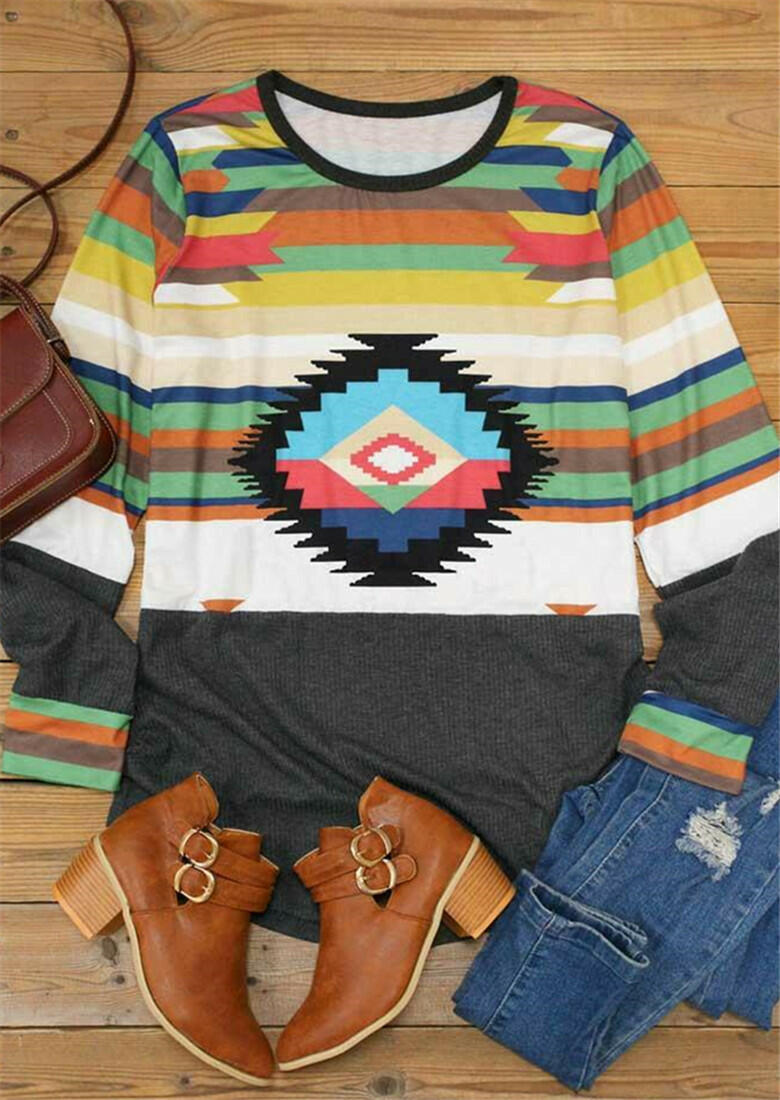 

Western Aztec Geometric Colorful Striped Blouse, Multicolor, 485472