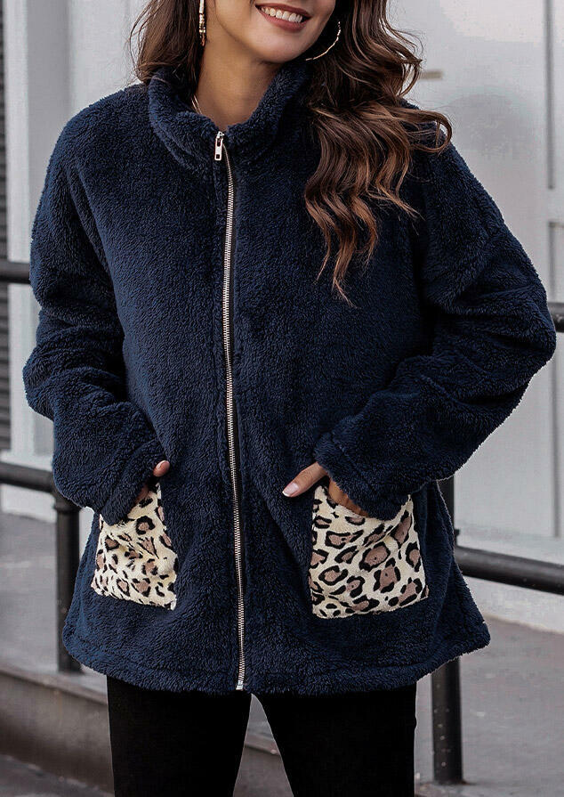 

Leopard Pocket Zipper Fleece Coat - Navy Blue, 486483