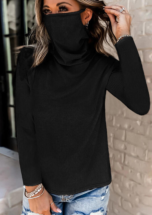 

Turtleneck Long Sleeve Blouse with Face Cover - Black, 487890