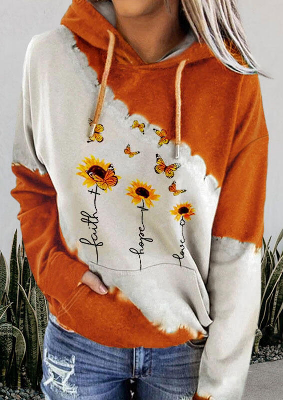 

Faith Hope Love Sunflower Kangaroo Pocket Drawstring Hoodie - Orange, 488371