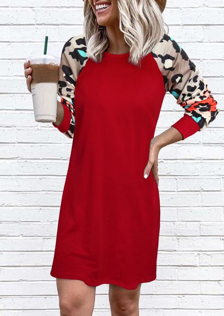 

Colorful Leopard Splicing Raglan Sleeve Mini Dress - Red, 489294