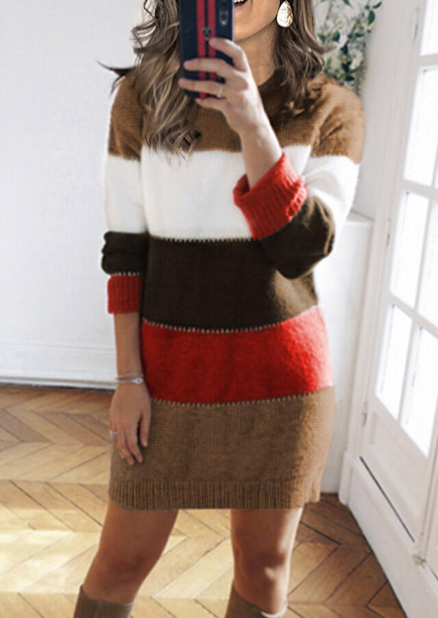 

Color Block Knitted Long Sleeve Sweater Mini Dress, Multicolor, 489547