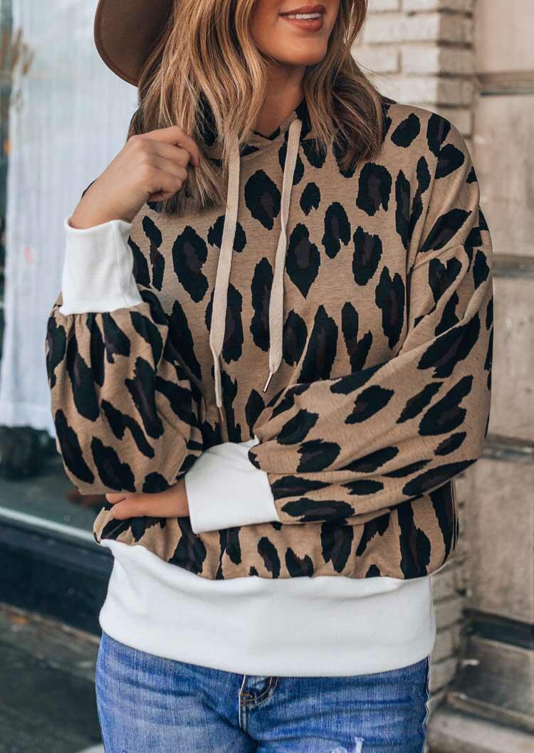 

Leopard Splicing Drawstring Long Sleeve Pullover Hoodie, 489633
