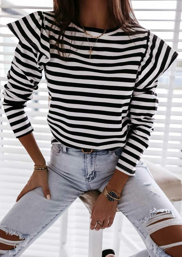 

Striped Ruffled O-Neck Long Sleeve Blouse, Stripe, 489697