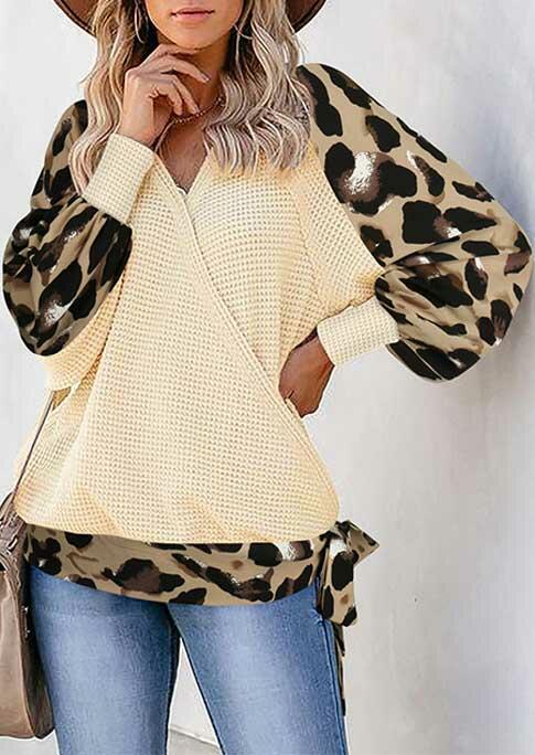 

Leopard Waffle Wrap Tie V-Neck Casual Blouse - Light Khaki, 489702