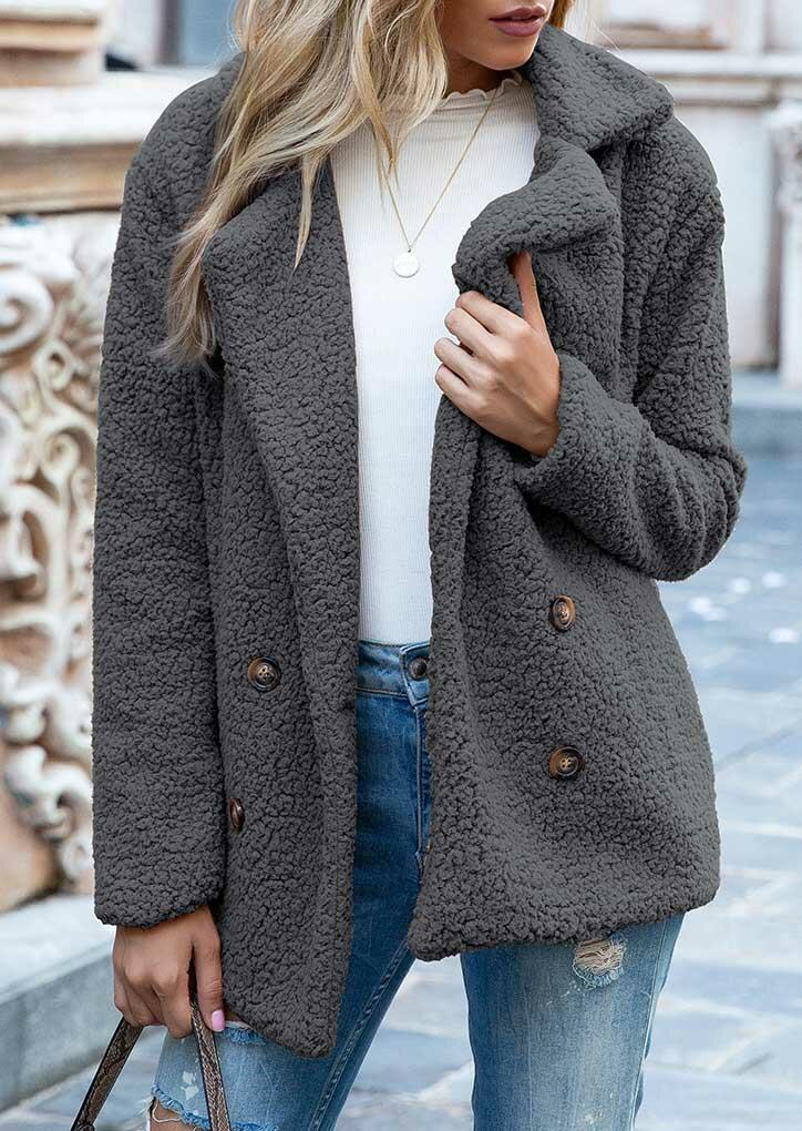 

Pocket Button Lapel Warm Plush Coat - Dark Grey, 489704