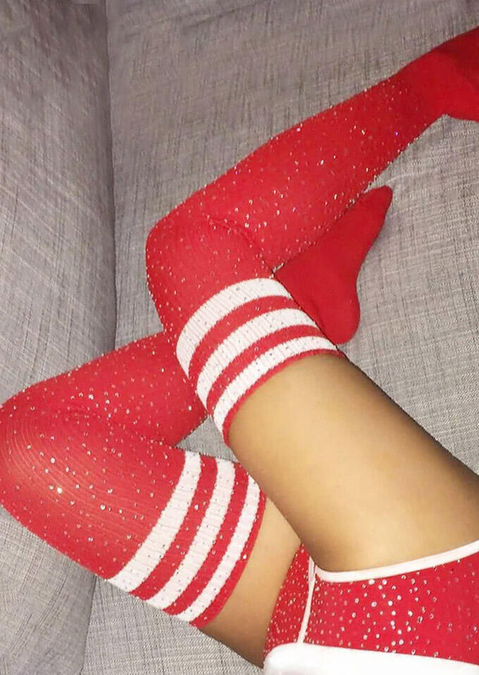 

Colorful Striped Splicing Rhinestone Thigh-High Socks, White, 489726