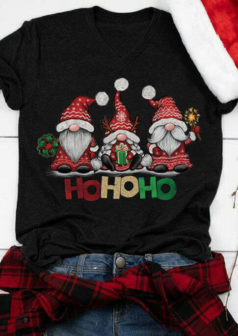 

Christmas Gnomies Ho Ho Ho V-Neck T-Shirt Tee - Black, 489771