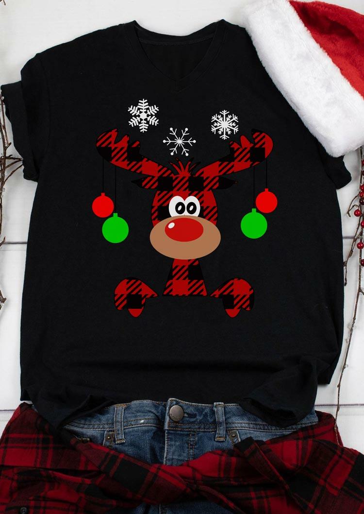 

Christmas Plaid Reindeer Snowflake V-Neck T-Shirt Tee - Black, 489784