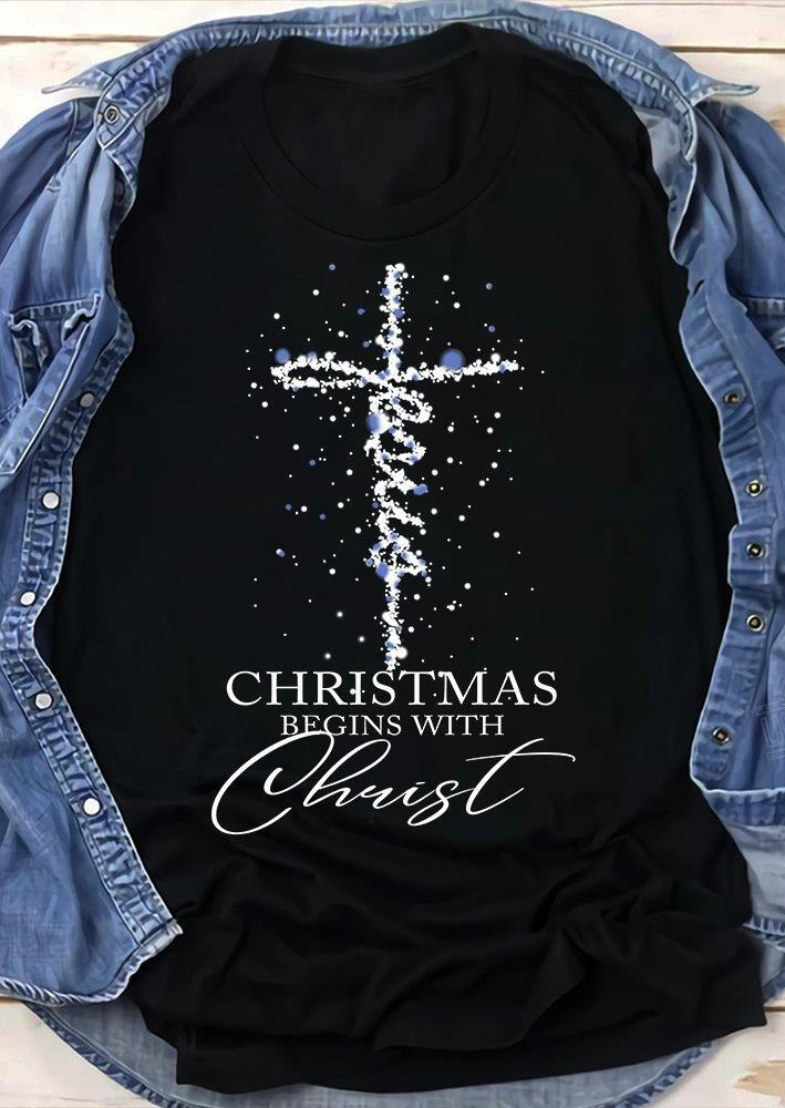 

Jesus Christmas Begins With Christ Snowflake T-Shirt Tee - Black, 489802