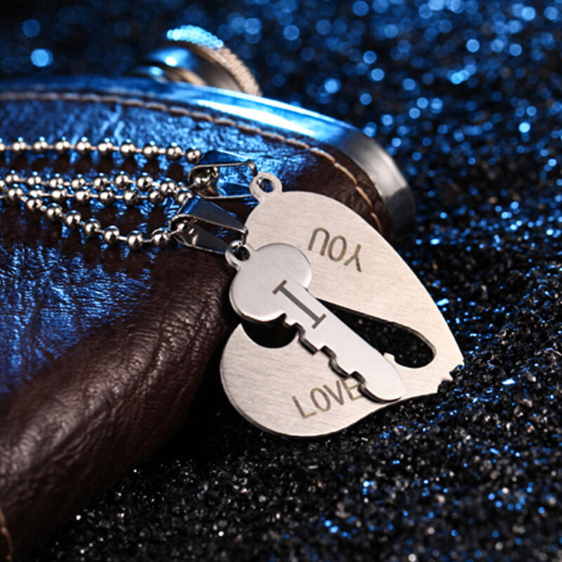 

2Pcs I love You Heart Lock Key Pendant Necklace, Silver, 489803