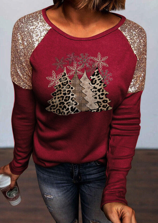 Christmas Tree Leopard Snowflake Sequined T-Shirt Tee - Burgundy