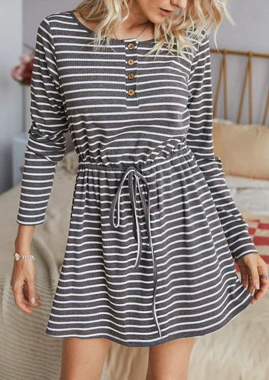 Striped Button Drawstring O-Neck Mini Dress