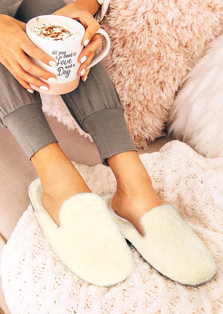

Winter Warm Plush Slip On Round Toe Flat Slippers, Beige, 488519
