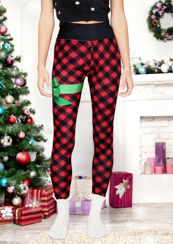

Christmas Bowknot Buffalo Plaid Elastic Waist Leggings, 489686