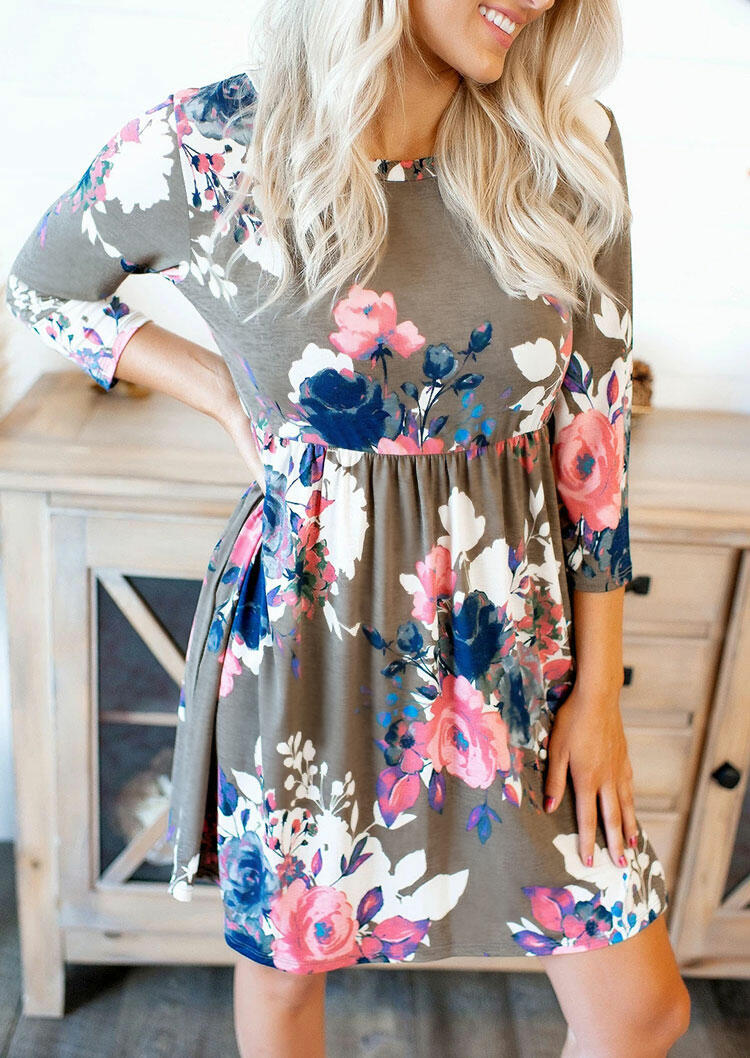 

Floral Ruffled Pocket Three Quarter Sleeve Mini Dress - Light Coffee, 489706