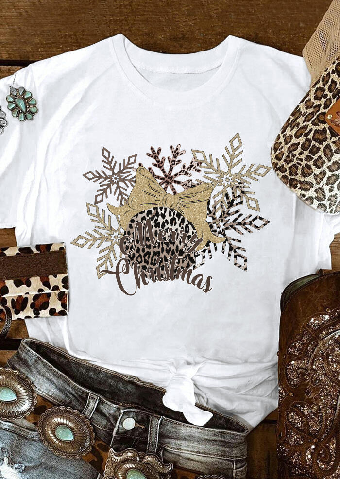 

Merry Christmas Leopard Ball Snowflake T-Shirt Tee - Beige, 489796