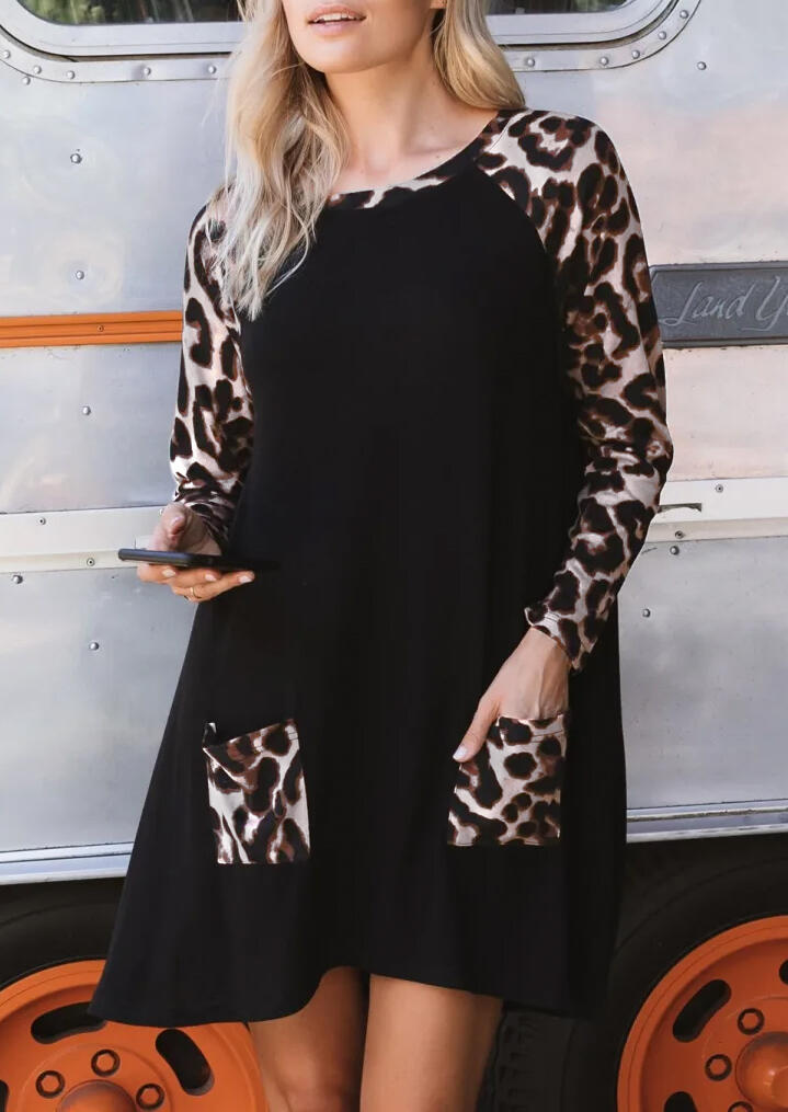 

Leopard Splicing Pocket Raglan Sleeve Mini Dress - Black, 489836