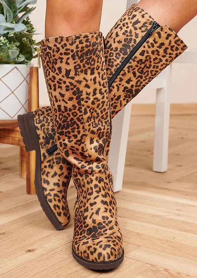 

Leopard Zipper Low Heeled Mid-Calf Boots, 489846