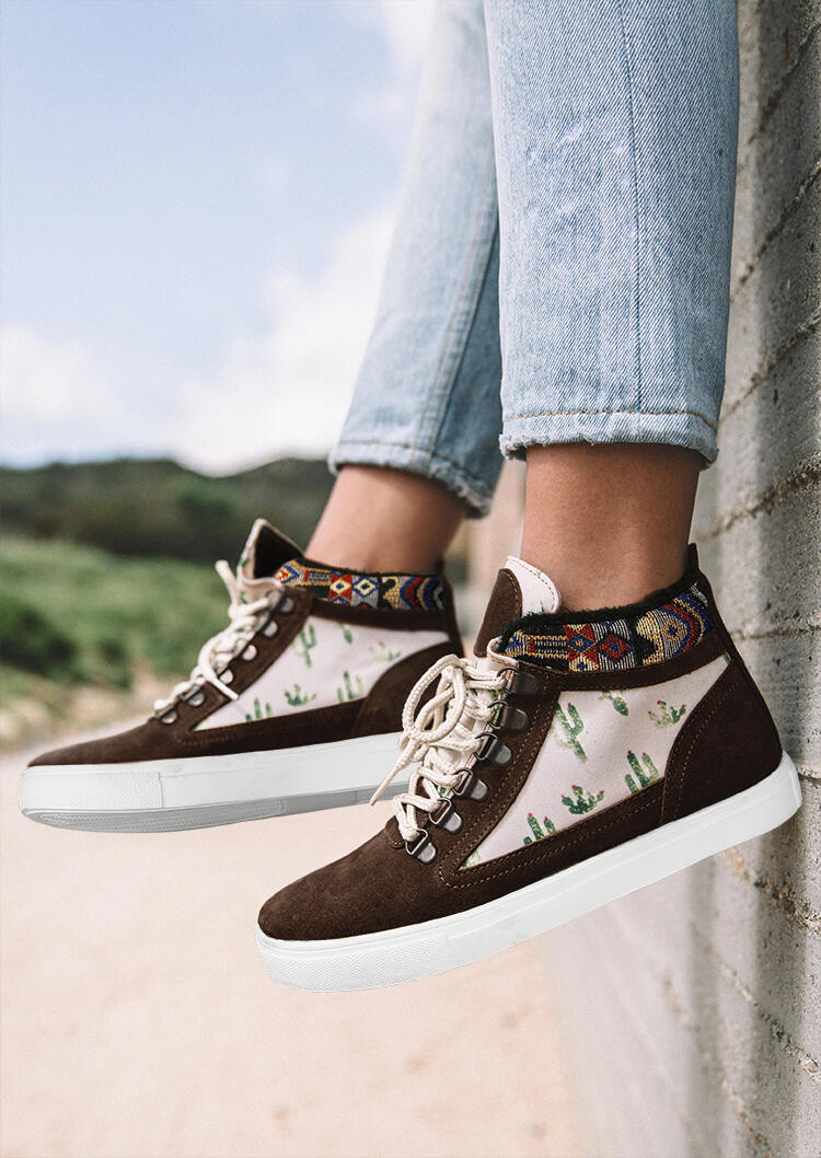 

Cactus Lace Up Ethnic Style Camping Flat Sneakers - Brown, 489850