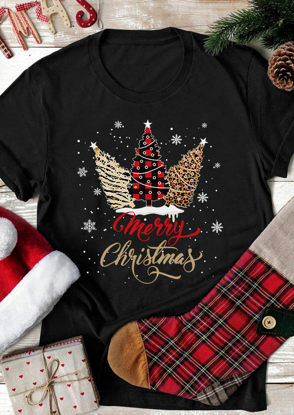 

Merry Christmas Leopard Buffalo Plaid Snowflake T-Shirt Tee - Black, 489880