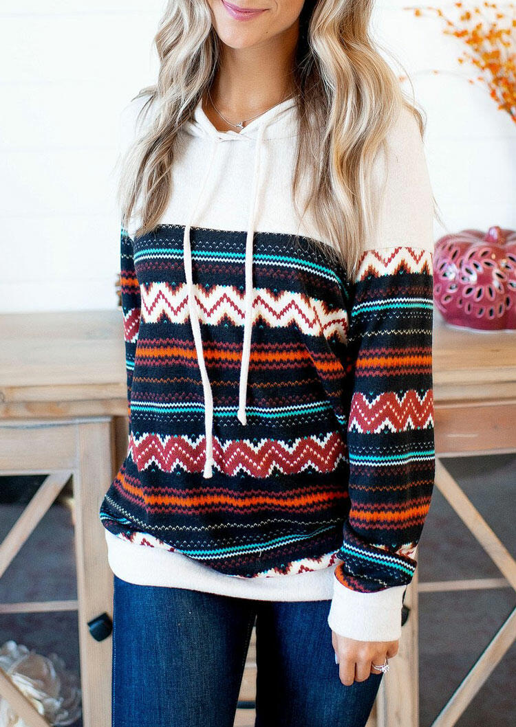 

Aztec Geometric Drawstring Long Sleeve Hoodie, Multicolor, 489894