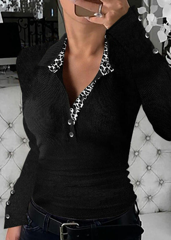 

Leopard Splicing Button Long Sleeve Blouse - Black, 489922