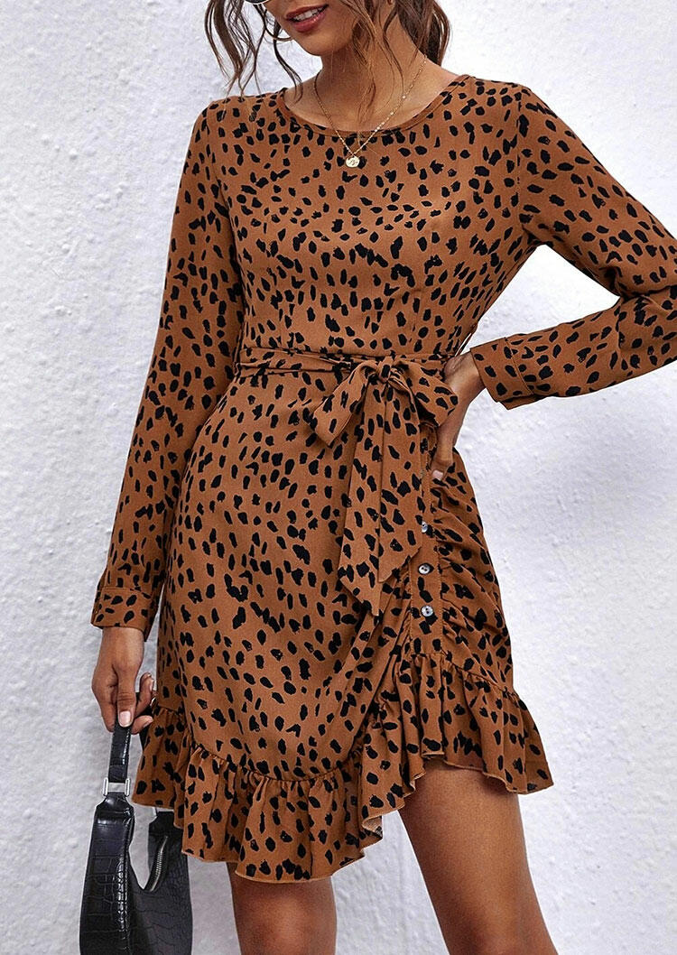 

Leopard Button Ruffled Asymmetric Mini Dress, 489924