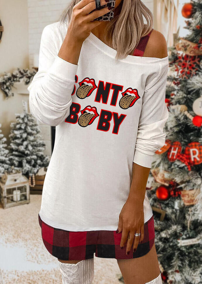 

Christmas Santa Baby Leopard Tongue Plaid Splicing Mini Dress - White, 489932