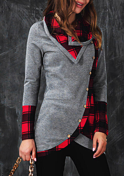 

Asymmetric Buffalo Plaid Splicing Button Sweatshirt - Dark Grey, 489958