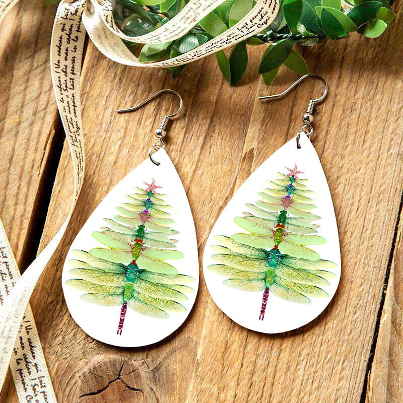 

Christmas Tree Dragonfly Double-Sided Water Drop Earrings, White, 489981