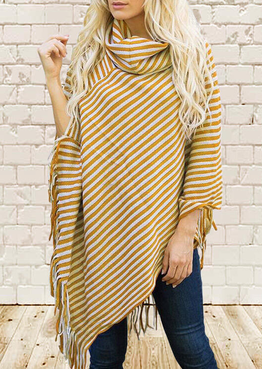 

Striped Tassel Asymmetric Turtleneck Cape Blouse - Yellow, 484687