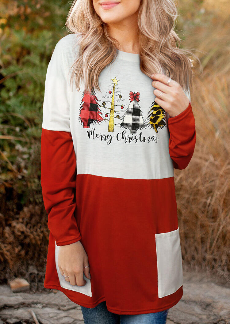 

Merry Christmas Plaid Leopard Tree Pocket Blouse - Red, 488174