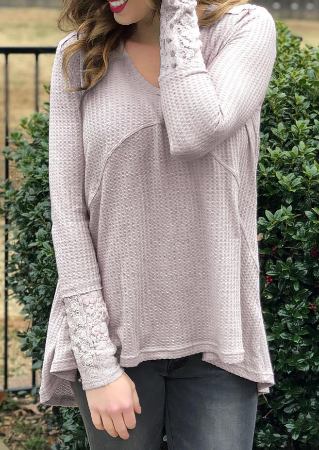 

Lace Splicing V-Neck Casual Blouse - Light Pink, 488321