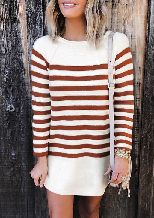 

Striped Raglan Long Sleeve O-Neck Mini Dress, Stripe, 489275