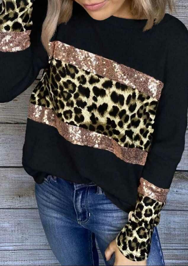 

Leopard Sequined Splicing Long Sleeve Blouse - Black, 489844