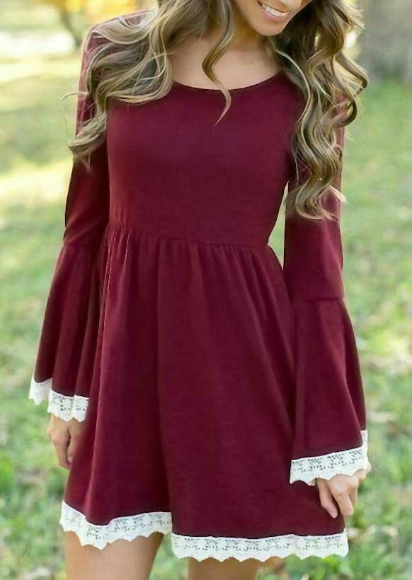 

Lace Splicing Ruffled Flare Sleeve Mini Dress - Burgundy, 489847