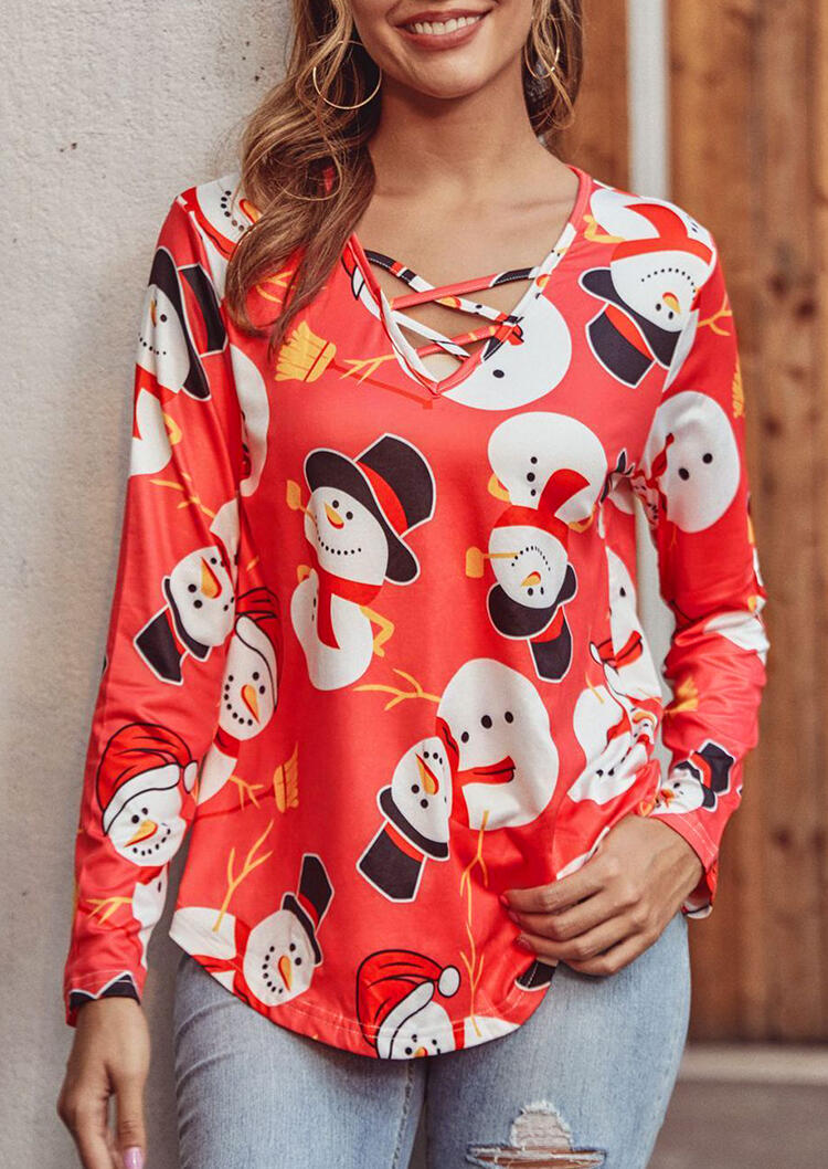 

Christmas Snowman Criss-Cross V-Neck Long Sleeve Blouse - Red, 489957