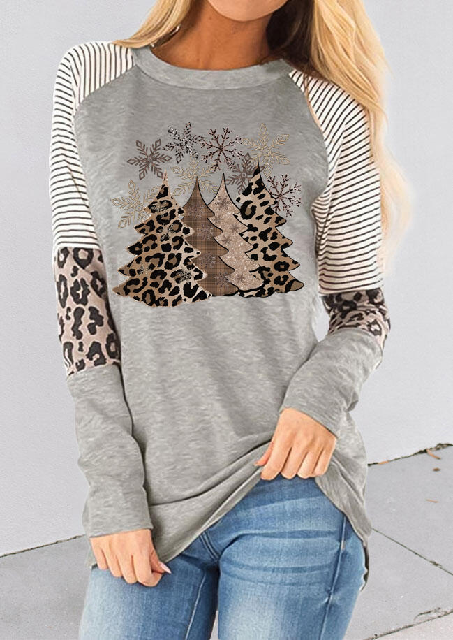 

Leopard Christmas Tree Snowflake Striped Blouse - Light Grey, 489967