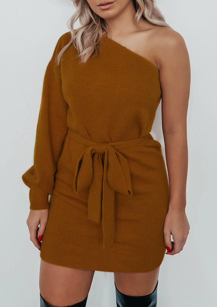 

One Shoulder Tie Slash Neck Bodycon Dress - Brown, 489973