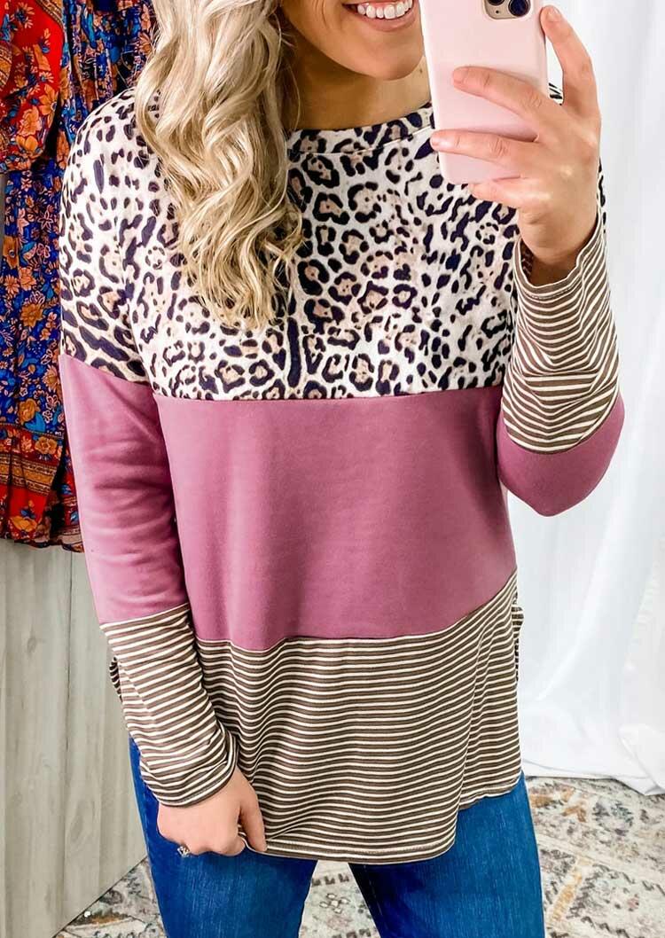 

Leopard Striped Splicing Long Sleeve Blouse, Multicolor, 489979