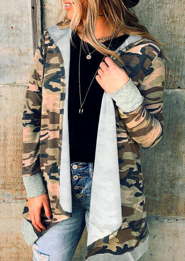 

Camouflage Splicing Asymmetric Hooded Open Front Cardigan, 489980