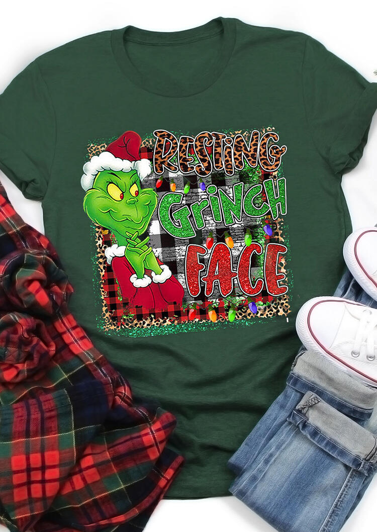 

Christmas Resting Grinch Face Leopard Plaid T-Shirt Tee - Green, 490019