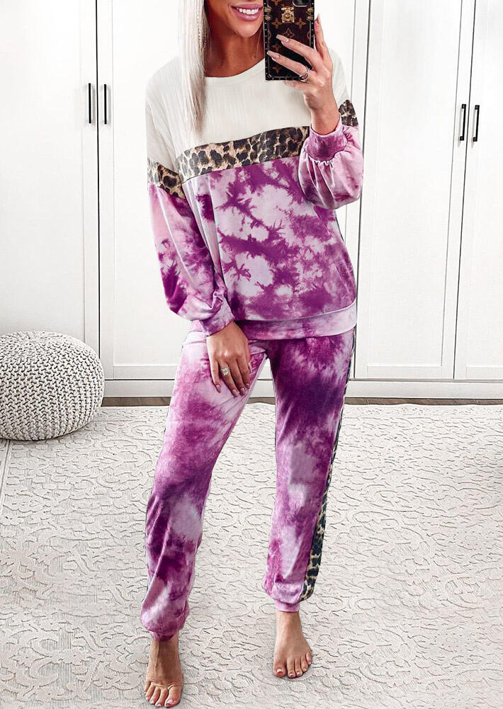 

Tie Dye Leopard Splicing Sweatshirt And Pants Two-Piece Set, Purple, 485610