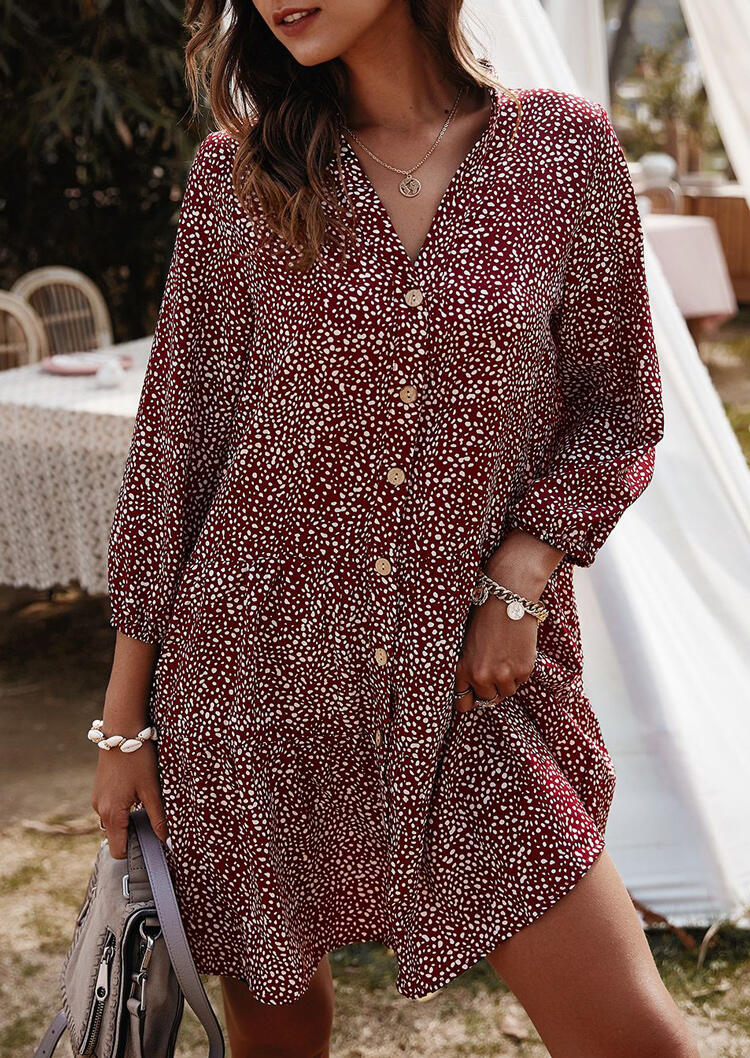 

Snow Dot Button Elastic Cuff V-Neck Mini Dress - Burgundy, 486448