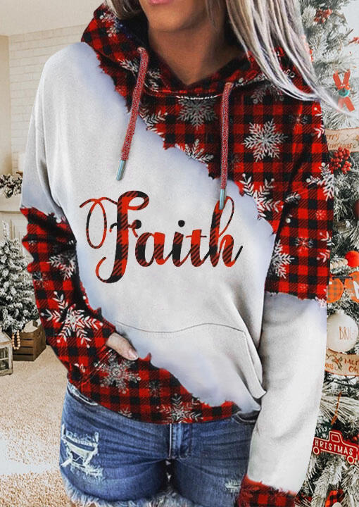 

Christmas Faith Plaid Snowflake Kangaroo Pocket Drawstring Hoodie, Multicolor, 489288