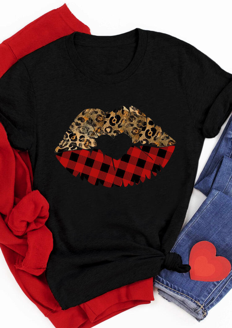 

Leopard Buffalo Plaid Lips O-Neck T-Shirt Tee - Black, 489830